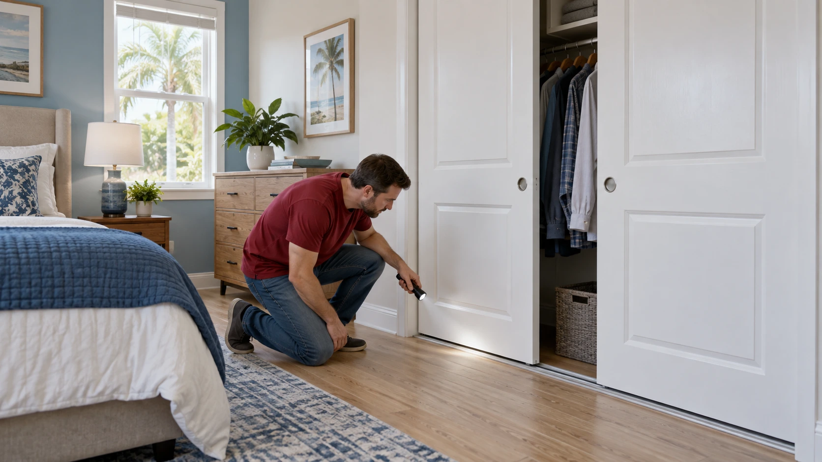 Homeowner using a flashlight to inspect the bottom clearance of white sliding closet doors.