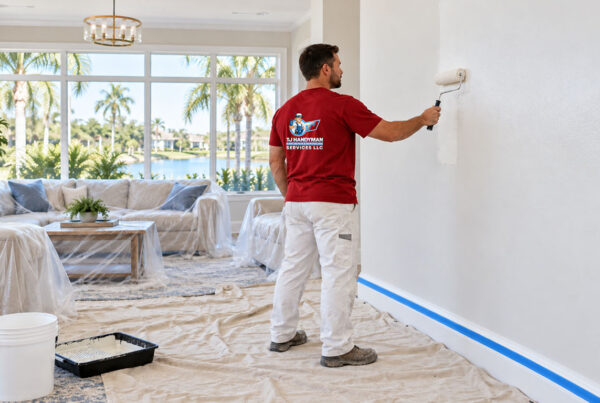 Painter applying white paint to an interior wall with covered furniture, protected flooring, and taped baseboards.