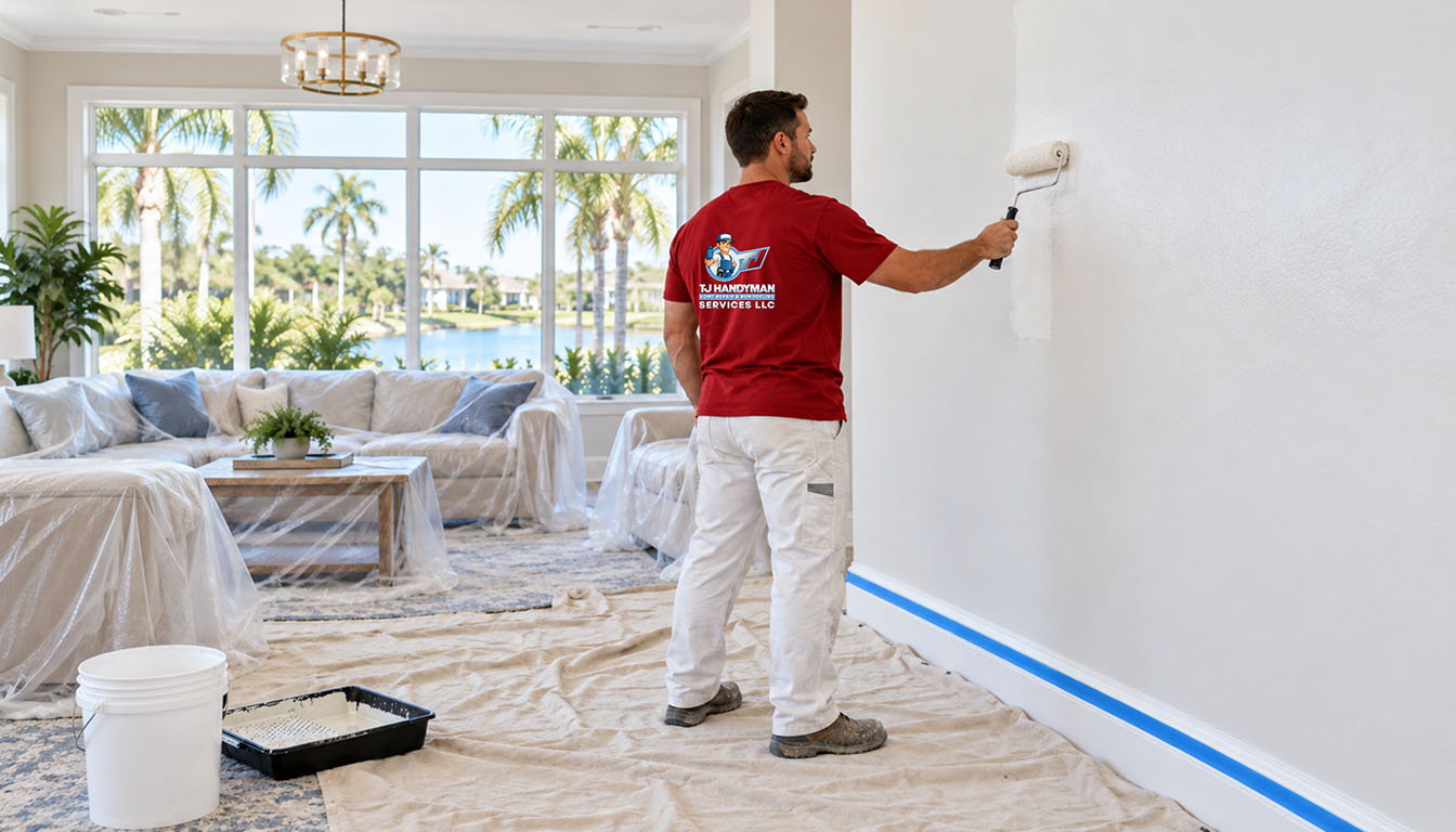 Painter applying white paint to an interior wall with covered furniture, protected flooring, and taped baseboards.