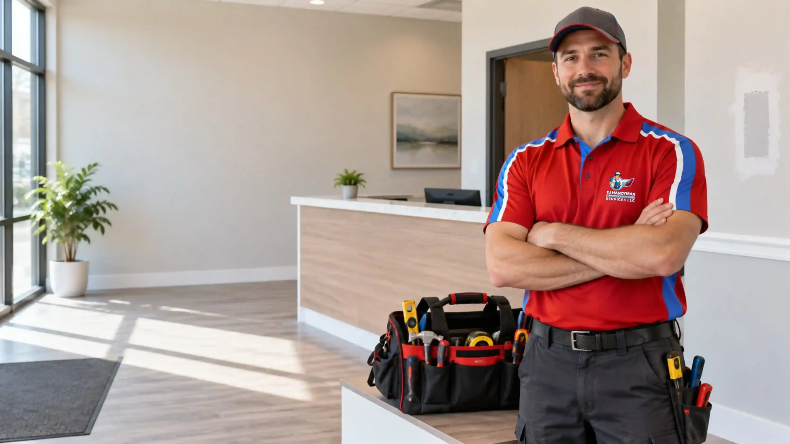 Handyman beside an organized tool bag in an office reception area.
