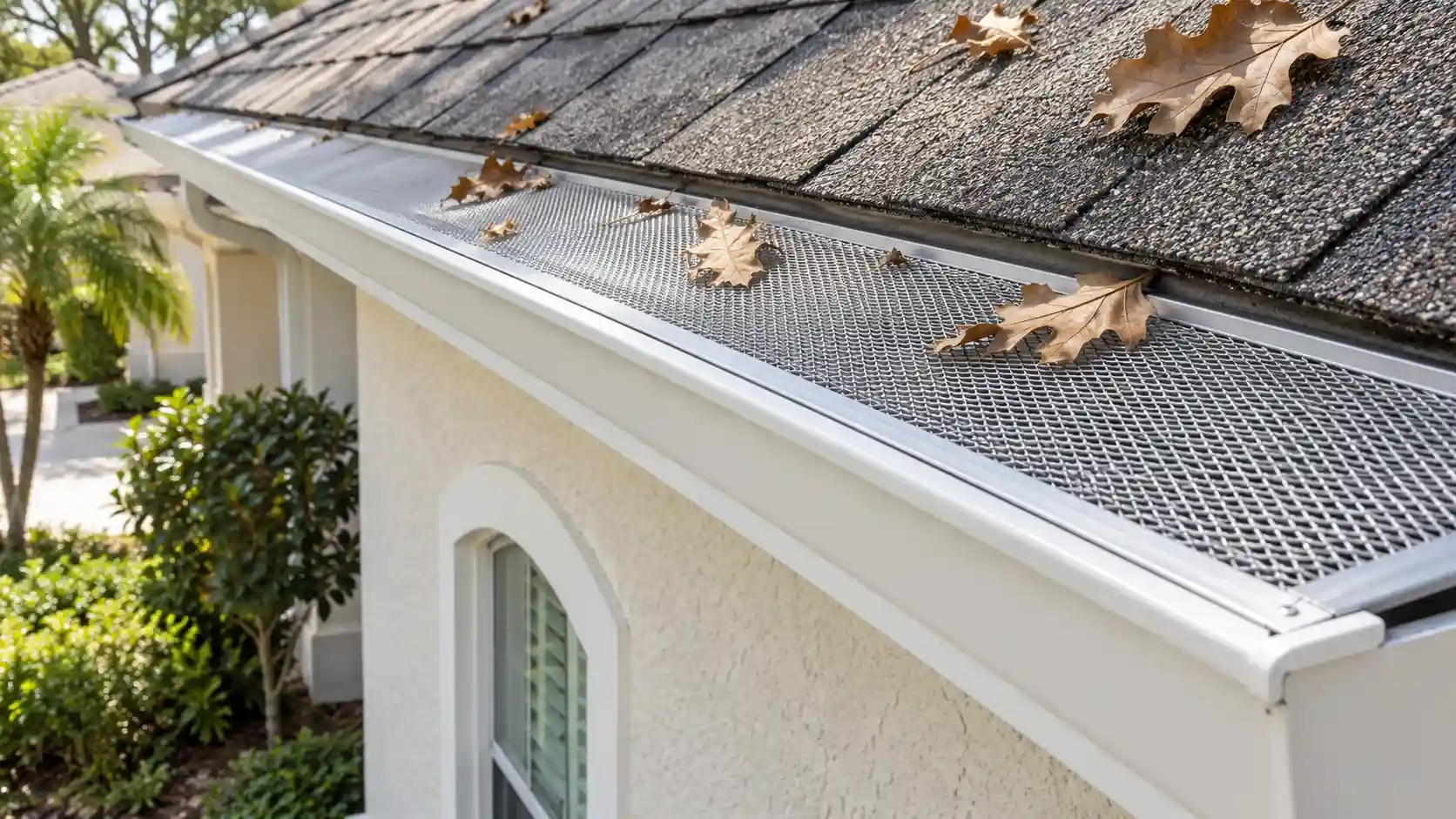 Mesh gutter guard fitted along a white gutter at the roof edge.