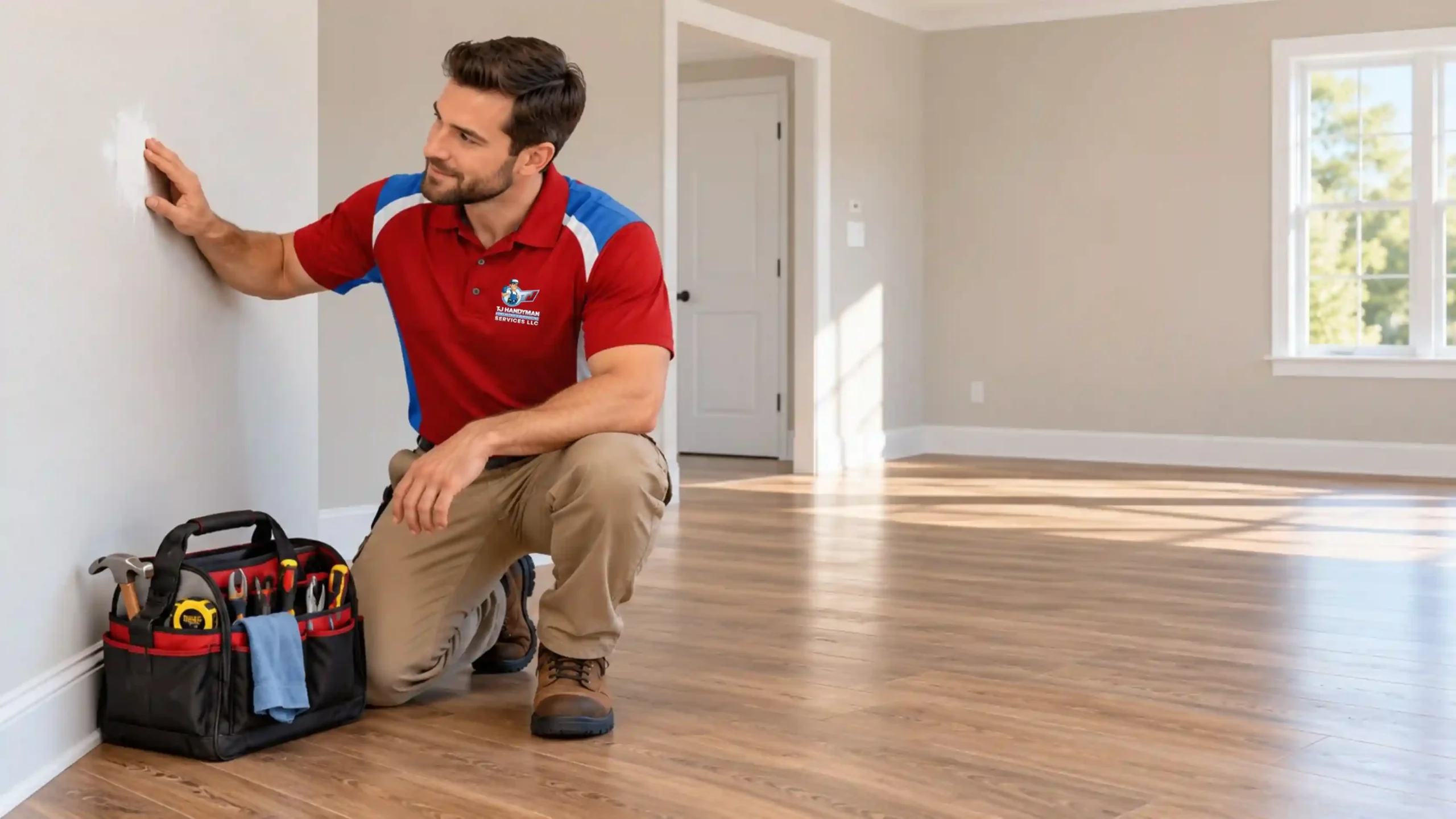 Handyman reviewing a wall repair in an empty rental living room.
