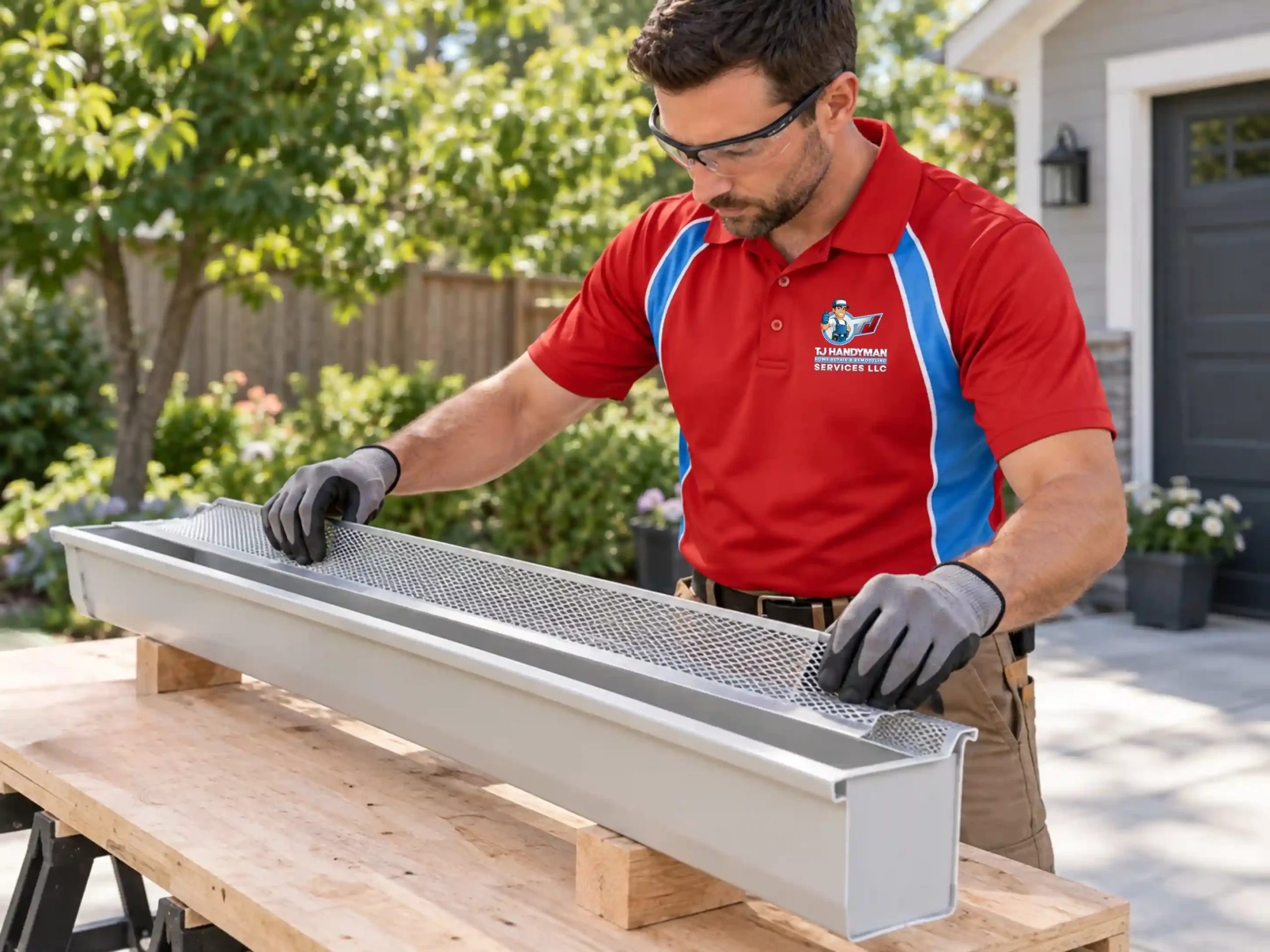 Technician checking a gutter guard against a gutter sample on a workbench.