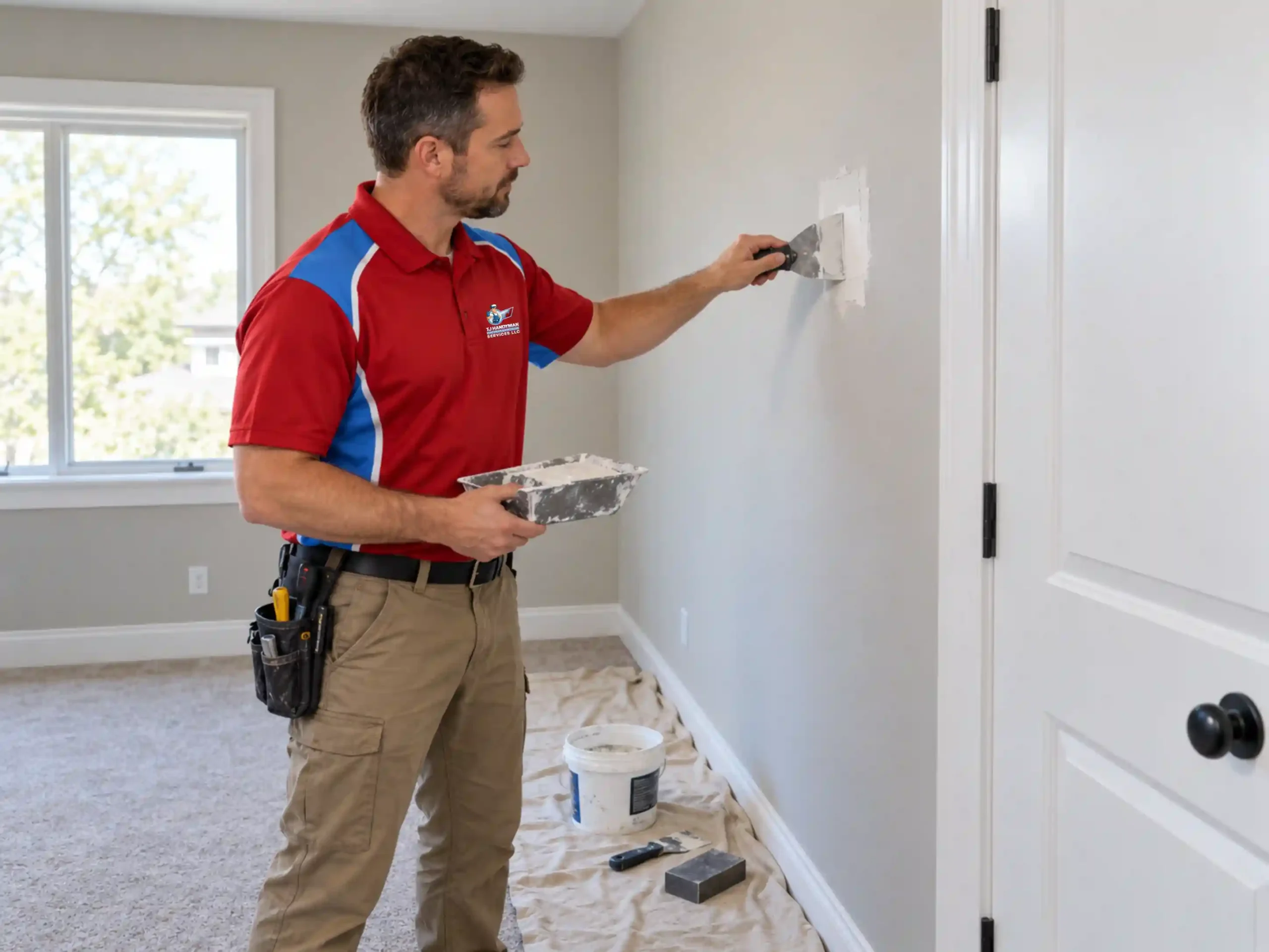 Handyman smoothing a small drywall patch above a protective drop cloth.