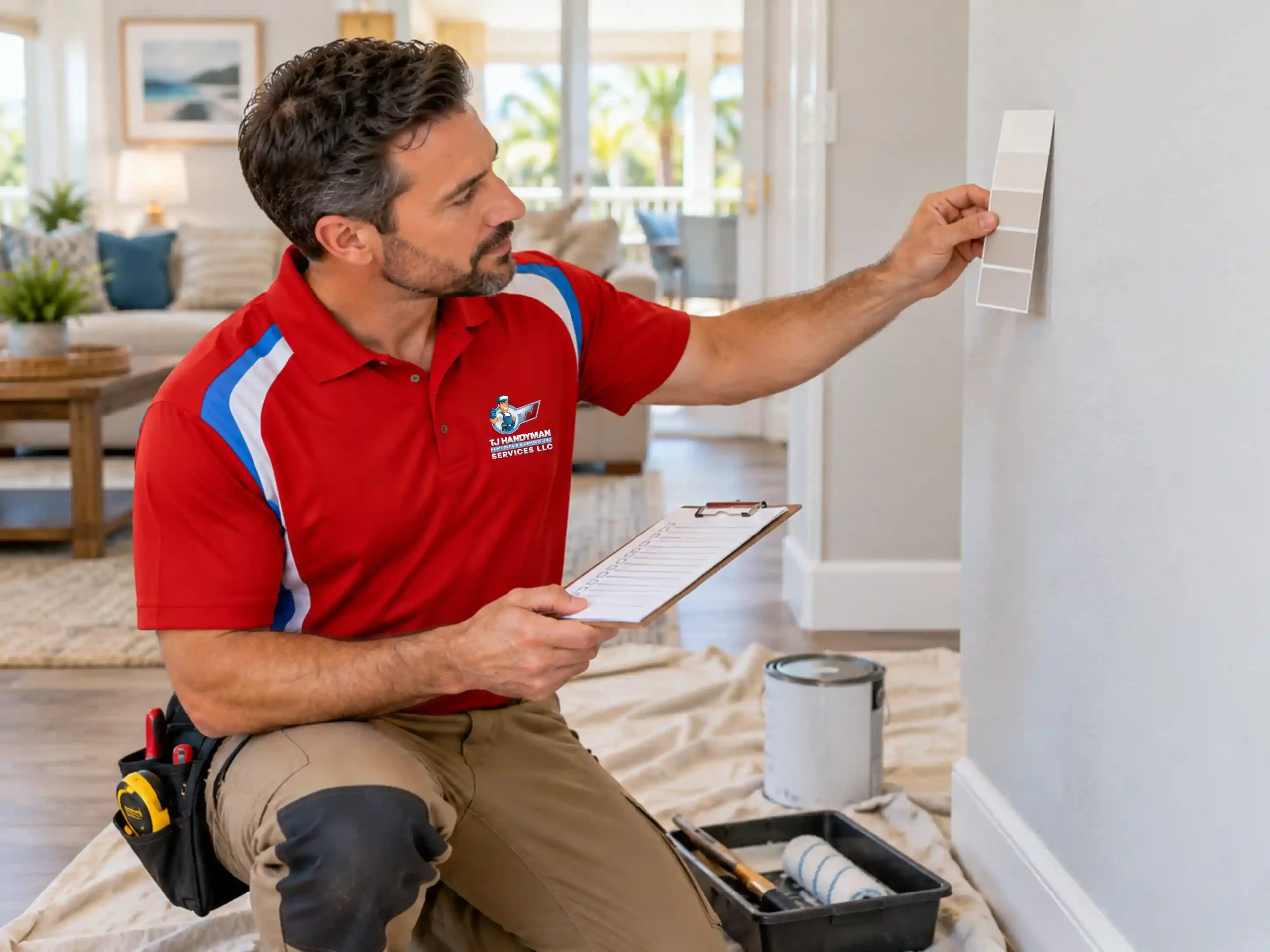 Handyman comparing a paint sample with an interior wall