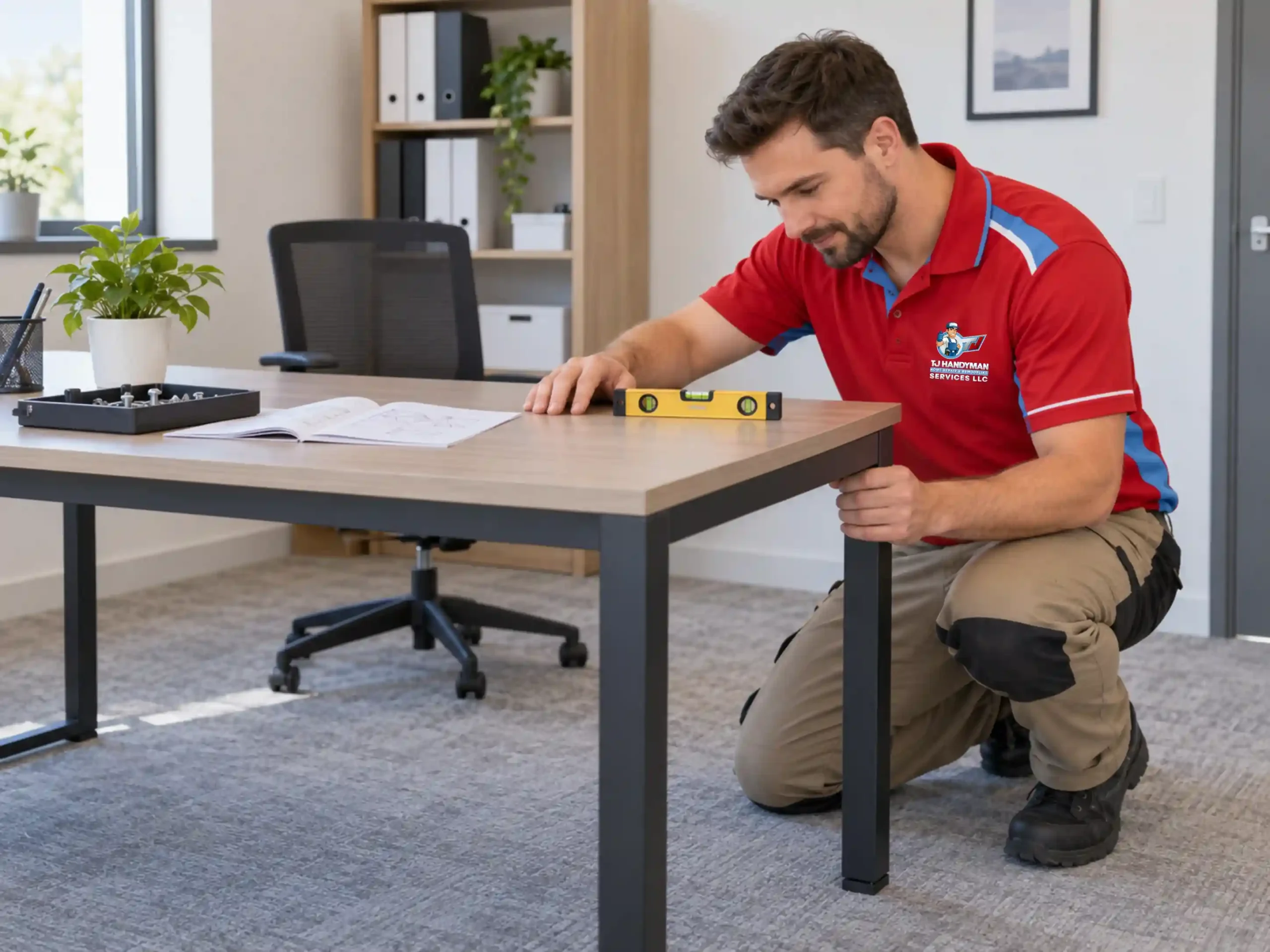Handyman checking an assembled office desk with a spirit level.