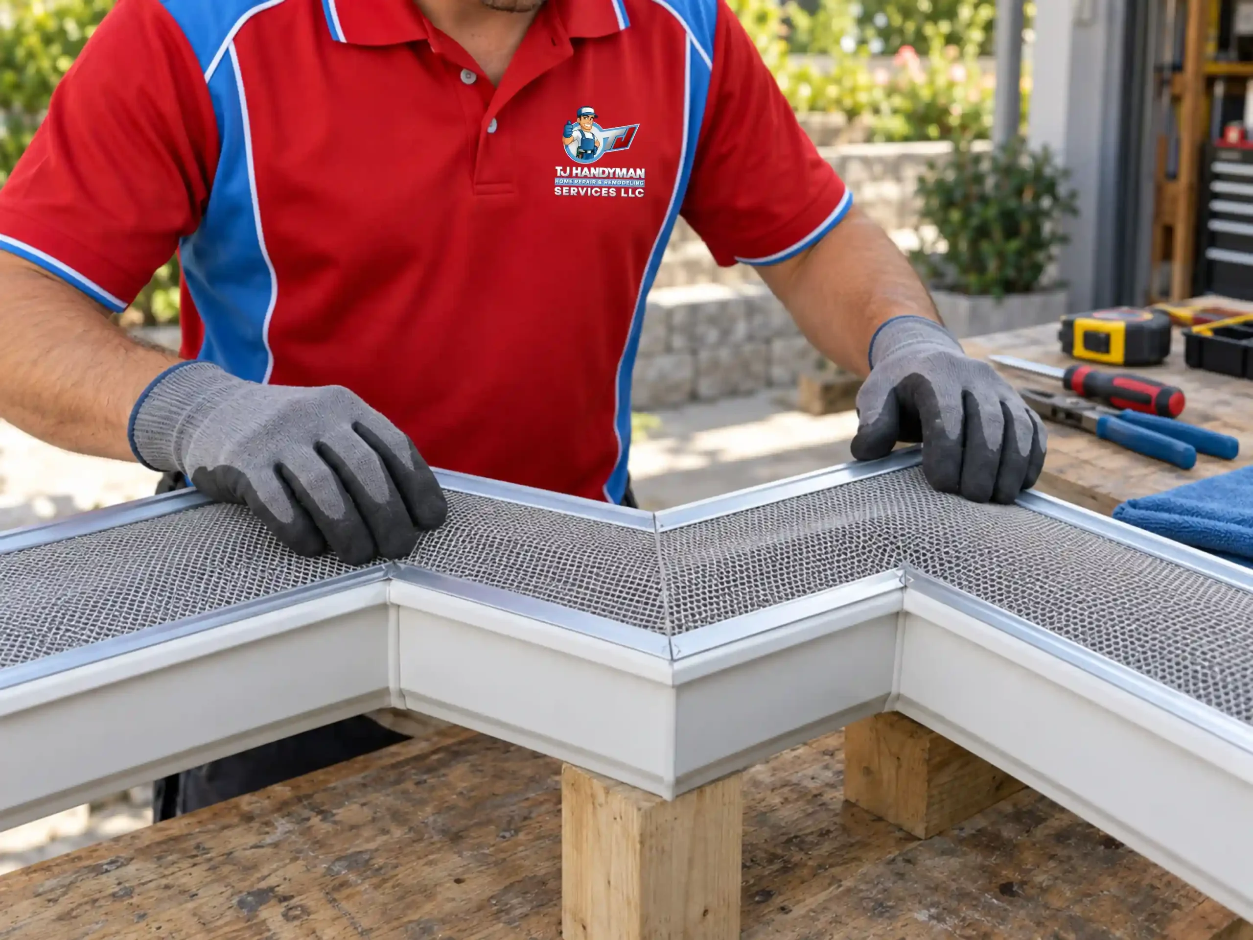 Gloved hands inspecting a gutter guard joint on a demonstration gutter.