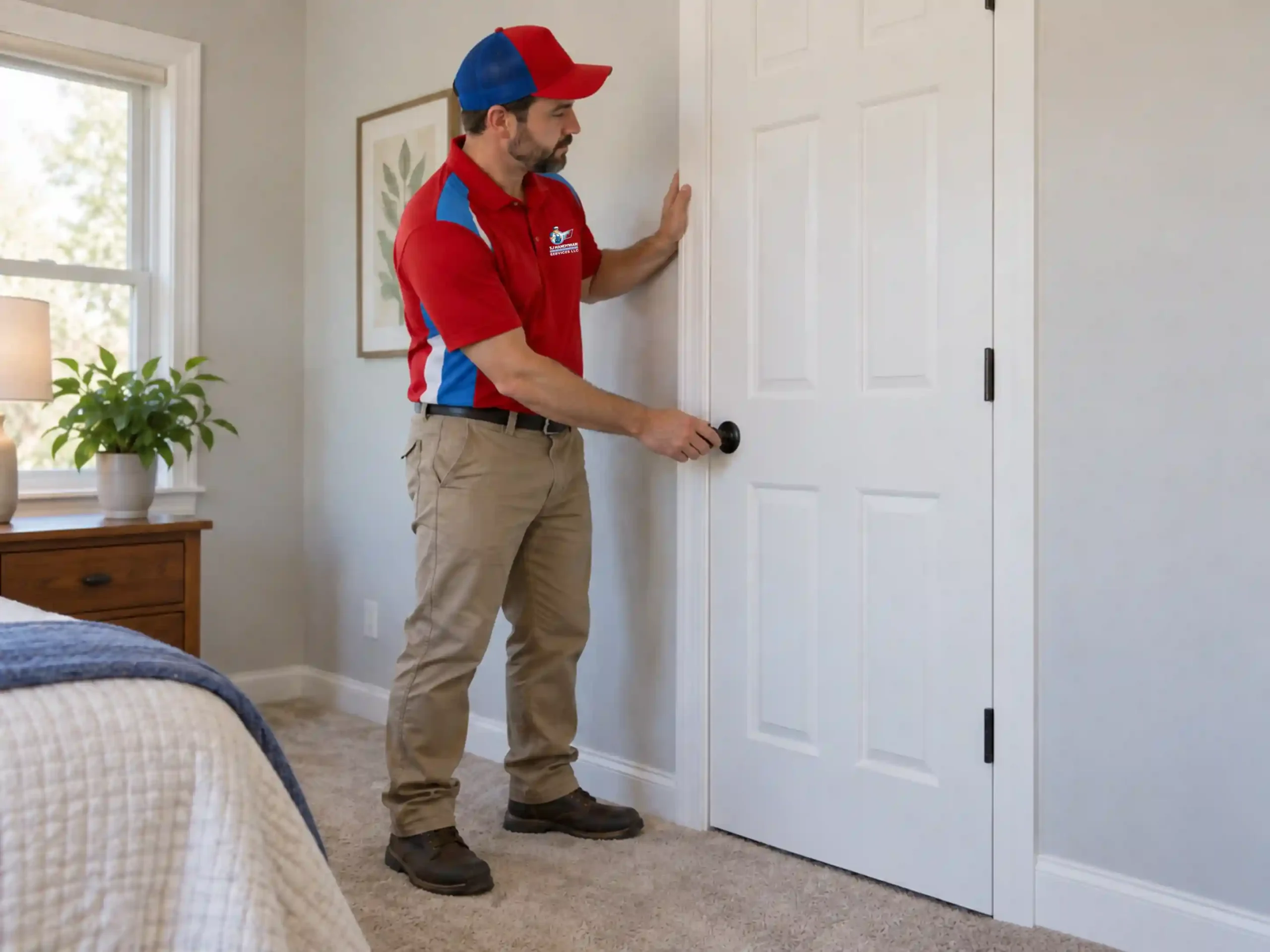 Handyman checking the fit of an interior closet door.