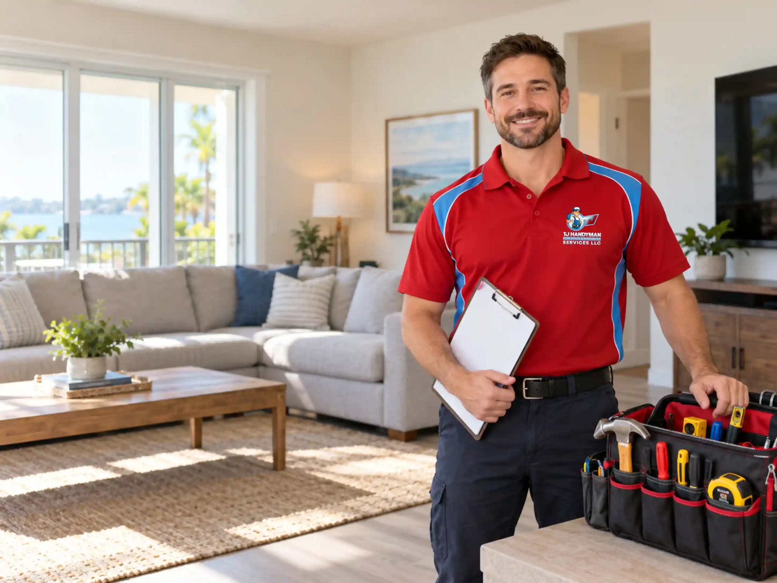 Handyman holding a clipboard beside an organized tool bag