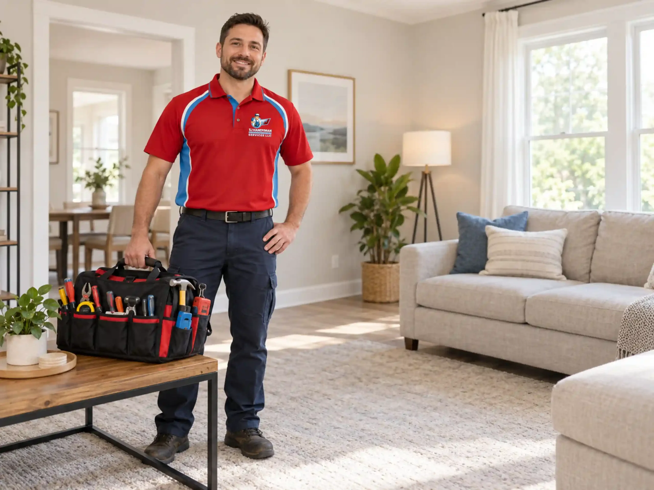 Handyman beside an organized tool bag in a bright rental living room.