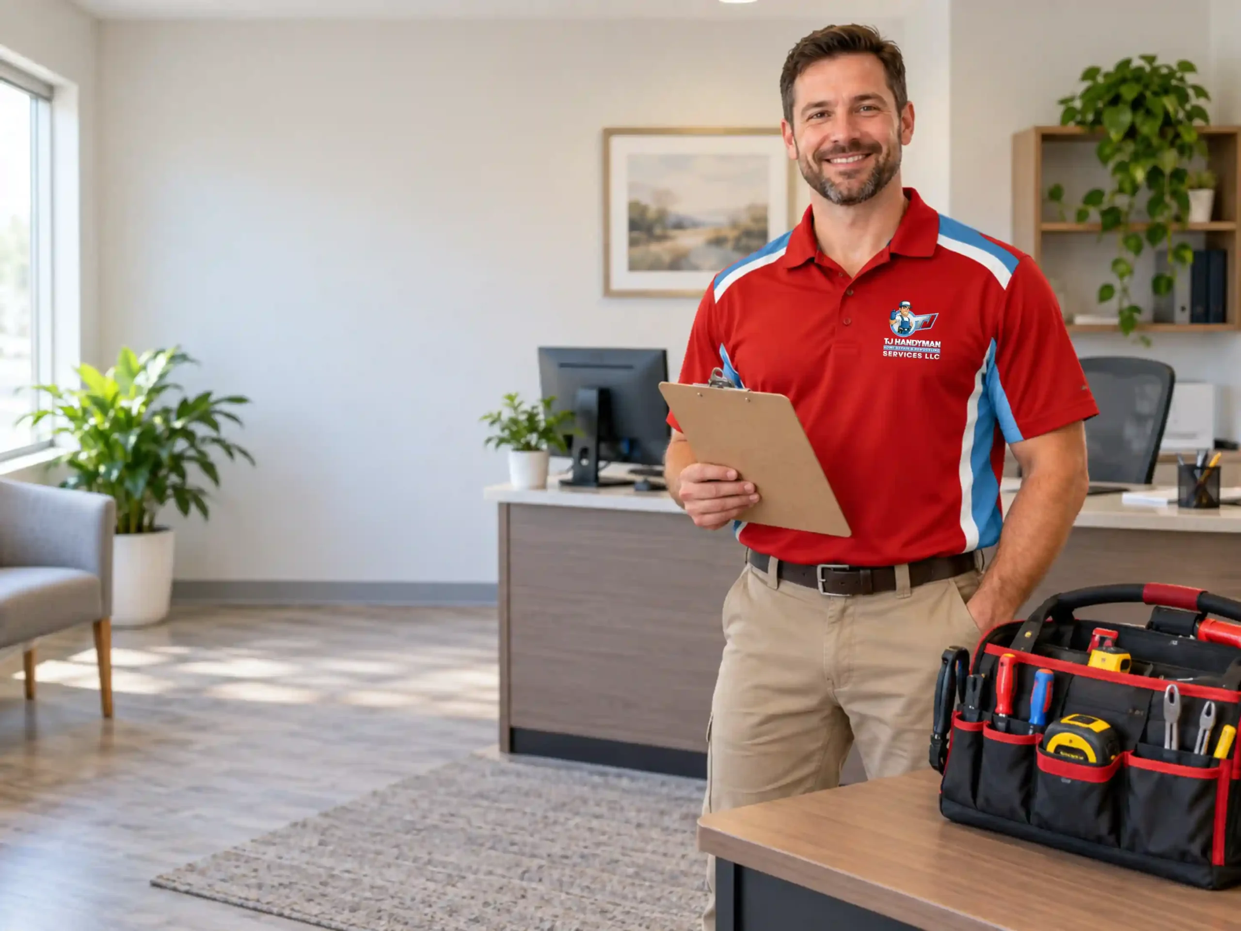 Handyman holding a clipboard beside a tool bag in a small office.