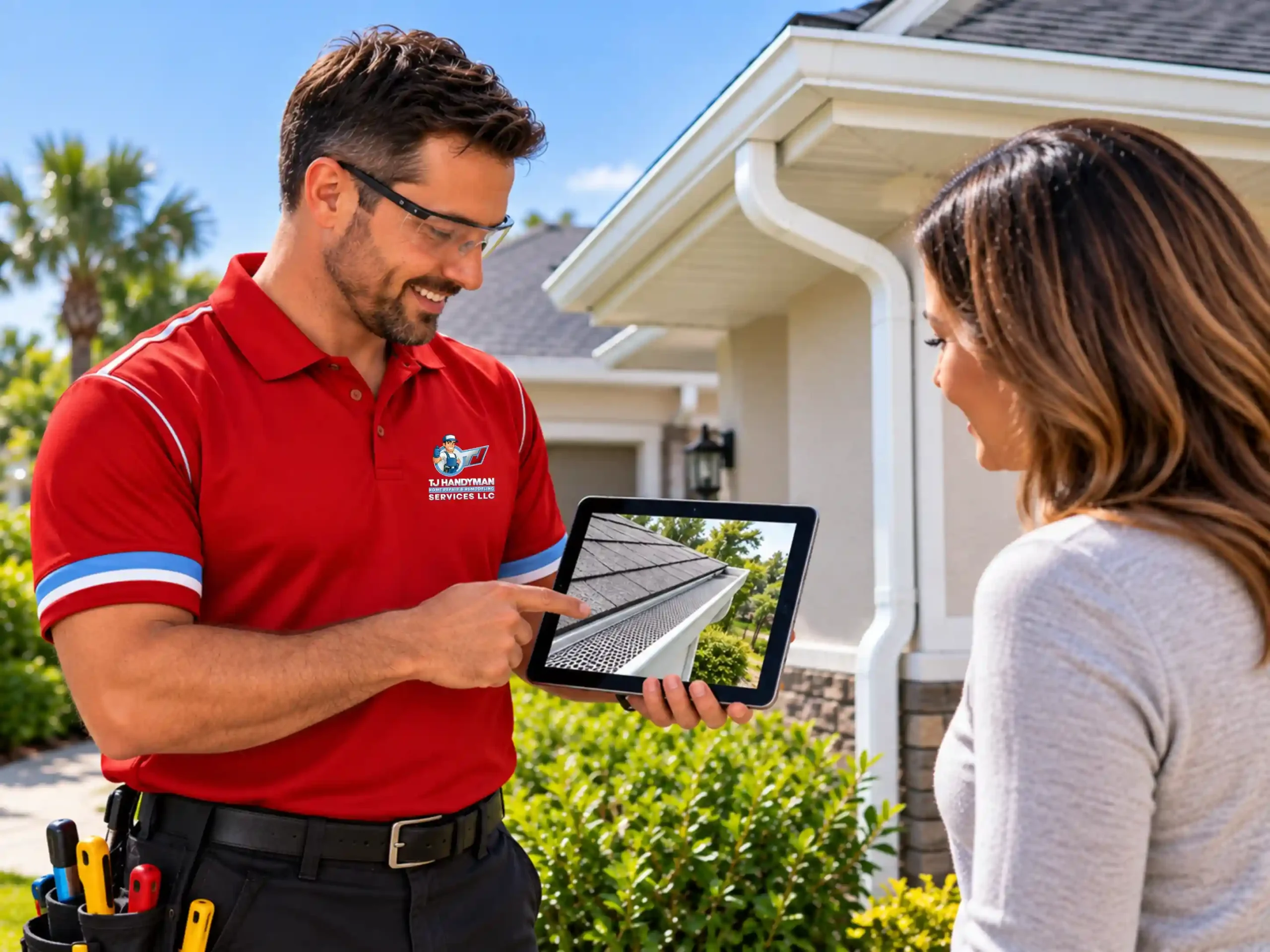 Technician holding a tablet outside a home with white gutters.